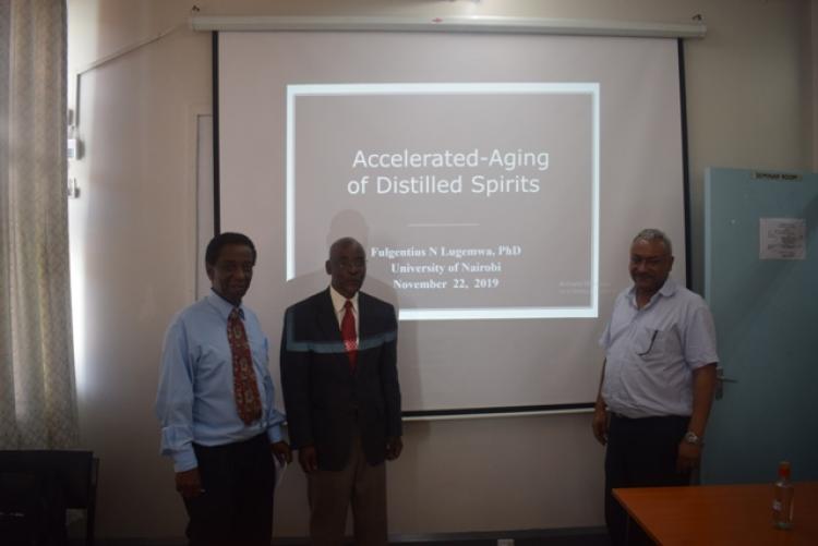 From left to right is the Chairman, Department of Chemistry, Prof Lugemwa (presenter)from Penn State University, USA and Prof Abiy Yenesew, Department of Chemistry.