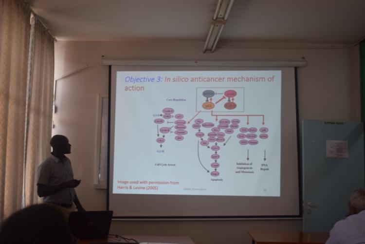 Mr Andima Moses trying to explain the In silico anticancer mechanism of action